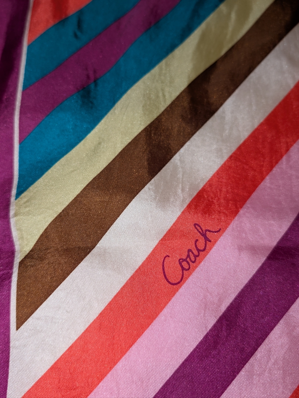 Coach Scarf Multicolor Diagonal Stripe Silk with Magenta Border 21" X 21" GUC - Picture 7 of 11
